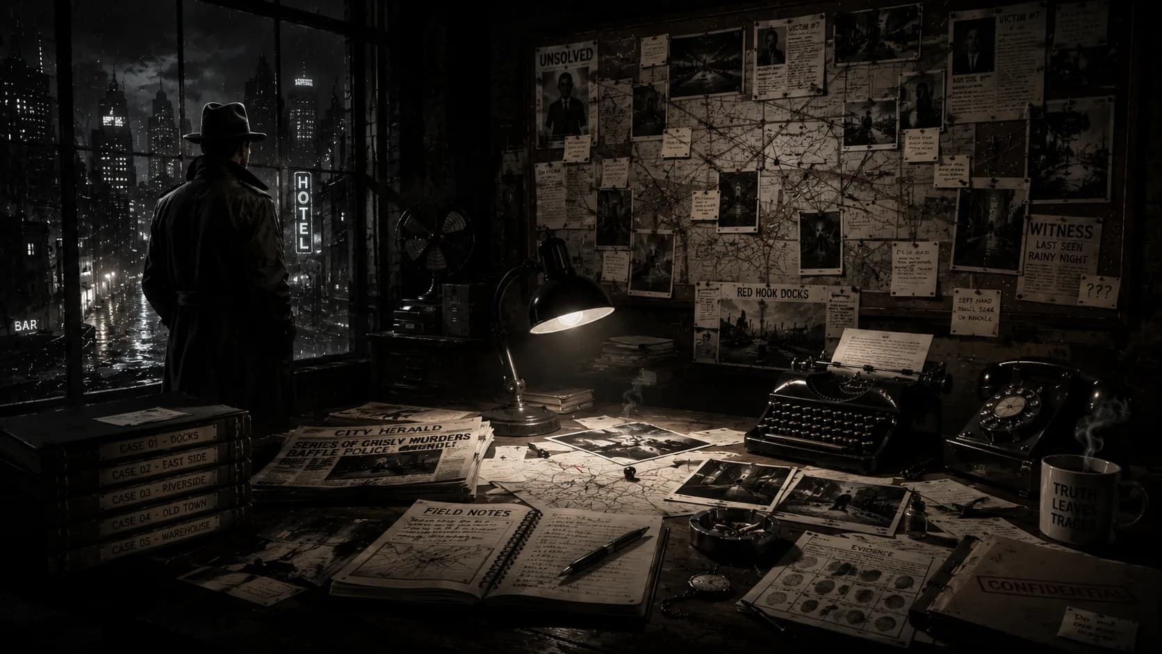 A smoky 1960s office lit by venetian-blind shadows